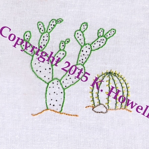 May include: Embroidered design of two cacti, one with green stems and black dots, the other with yellow and green spines. The text "Copyright 2015 K. Howell" is visible in the bottom right corner.