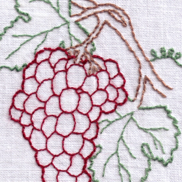 Grapes Hand Embroidery Pattern, Wine, Fruit, Food, Grape, Bunch, Concord, Merlot, Chardonnay, Cabernet, Snack, Leaf, Vine, PDF