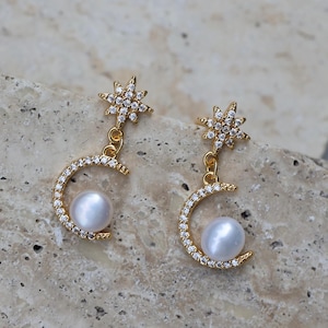 Moon Star Pearl Earrings, Gold Drop Earrings with Cubic Zirconia, Elegant Handmade Jewelry, Gift for Her, Perfect for Weddings and Parties