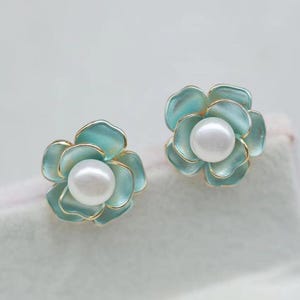Gold Plated Flower Pearl Stud Earrings: Enamel Floral Jewelry