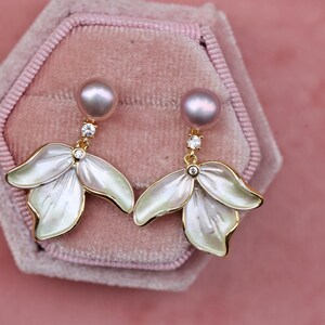 Petal Drop Earrings with Lavender or White Pearl Studs, Elegant Floral Dangle Earrings for Bridesmaids or Romantic Gift for Her