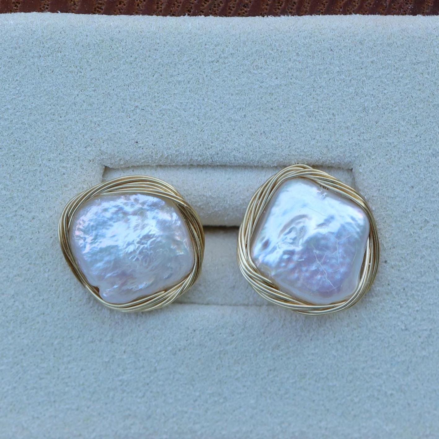 14K Gold Filled Baroque Pearl Stud Earrings: Handmade Wedding Jewelry