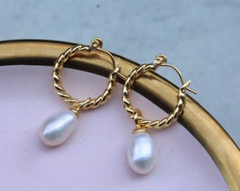 Gold Twisted Hoop Pearl Earrings, Baroque Drop Pearl Hoops for Women, Minimalist Jewelry, Classic Bridal Earrings, Gift for Her, Everyday