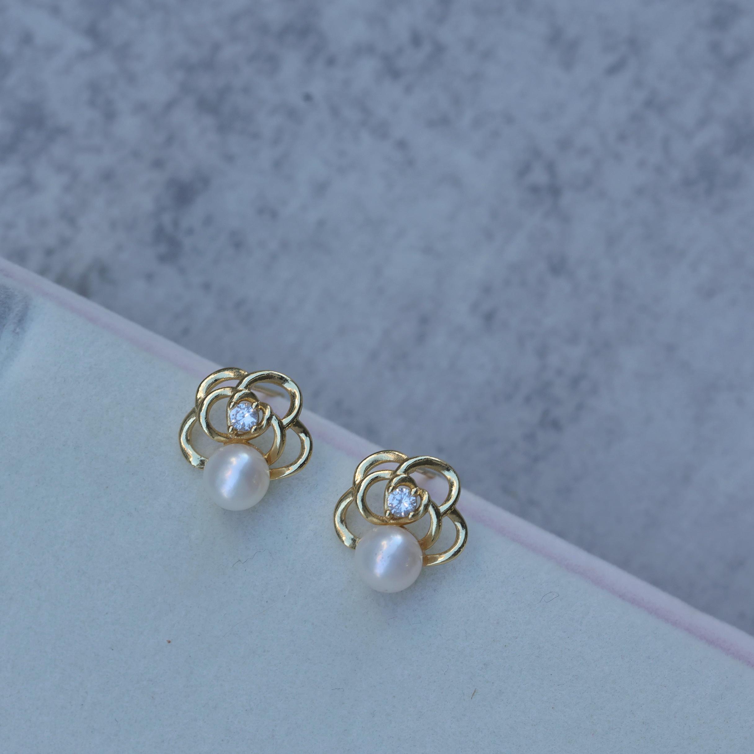 Vintage Rose Flower Pearl Earrings, 14k Gold Filled Studs
