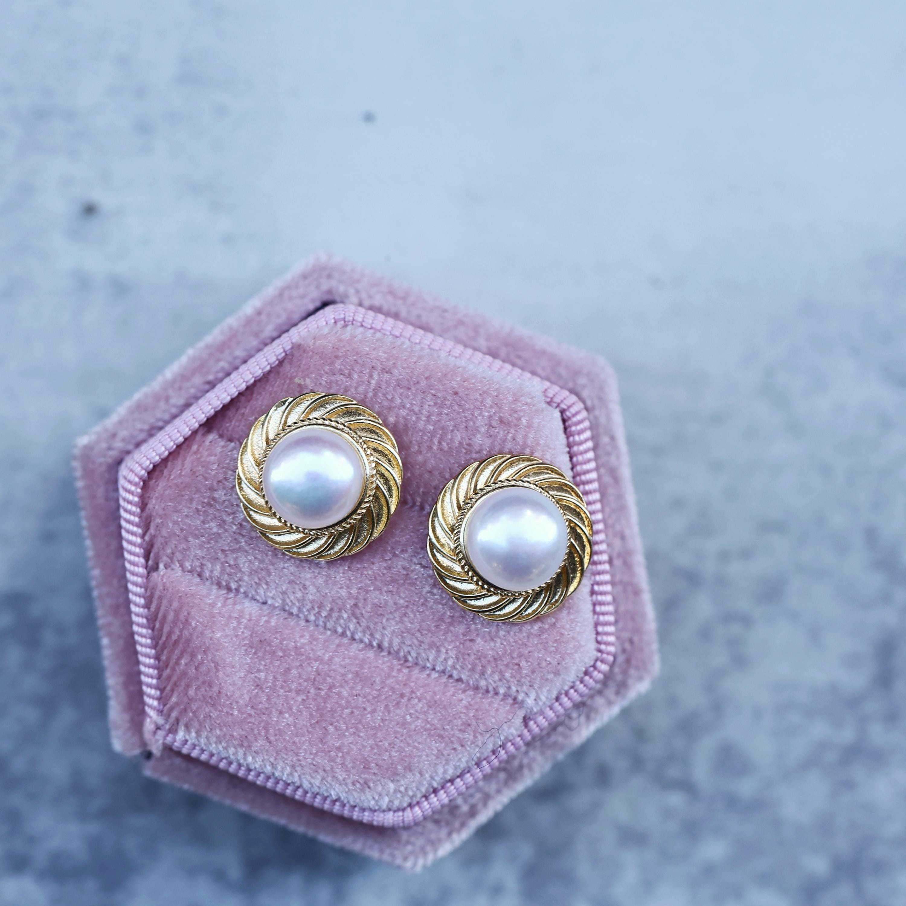 Vintage Pearl Stud Earrings, Antique Style Gold Twisted Frame 