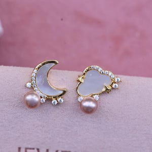 Moon and Cloud Pearl Earrings, Fairycore Celestial Studs, 14K Gold Filled Lavender Pearl