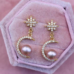 Gold Moon Pearl Drop Earrings with Star Studs, Dainty Celestial Jewelry for Women, Elegant Gift for Her, Bridal or Everyday Style