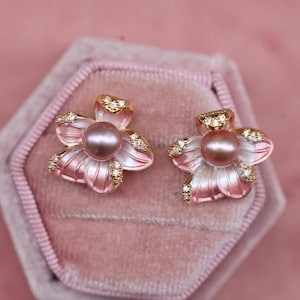 Elegant Pink Purple Pearl Flower Stud Earrings for Women, Sakura Blossom Bridal Earrings, Summer Wedding Jewelry, Dainty Gift for Her