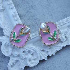 Baroque Pearl Earrings, Vintage Gold Enamel Floral Studs, Handmade Fan Floral Square Earrings, Unique Drop Earrings, Holiday Gift for Her