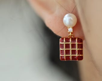 Freshwater Pearl Red Enamel Grid Earrings | Vintage Style Gold Drop Earrings | Handmade Pearl Jewelry | Gift for Her | Statement Earrings