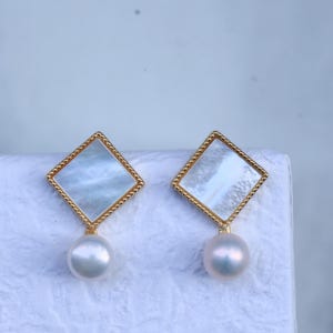 Mother of Pearl Earrings Gold Diamond Drop Earrings Minimalist Jewelry Under 30, Everyday Wear Special Birthday Gift Modern Bridal Jewelry
