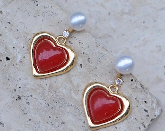 Red Heart Pearl Earrings, Freshwater Pearl Jewelry, Gold Drop Earrings for Christmas, Romantic Handmade Holiday Gift