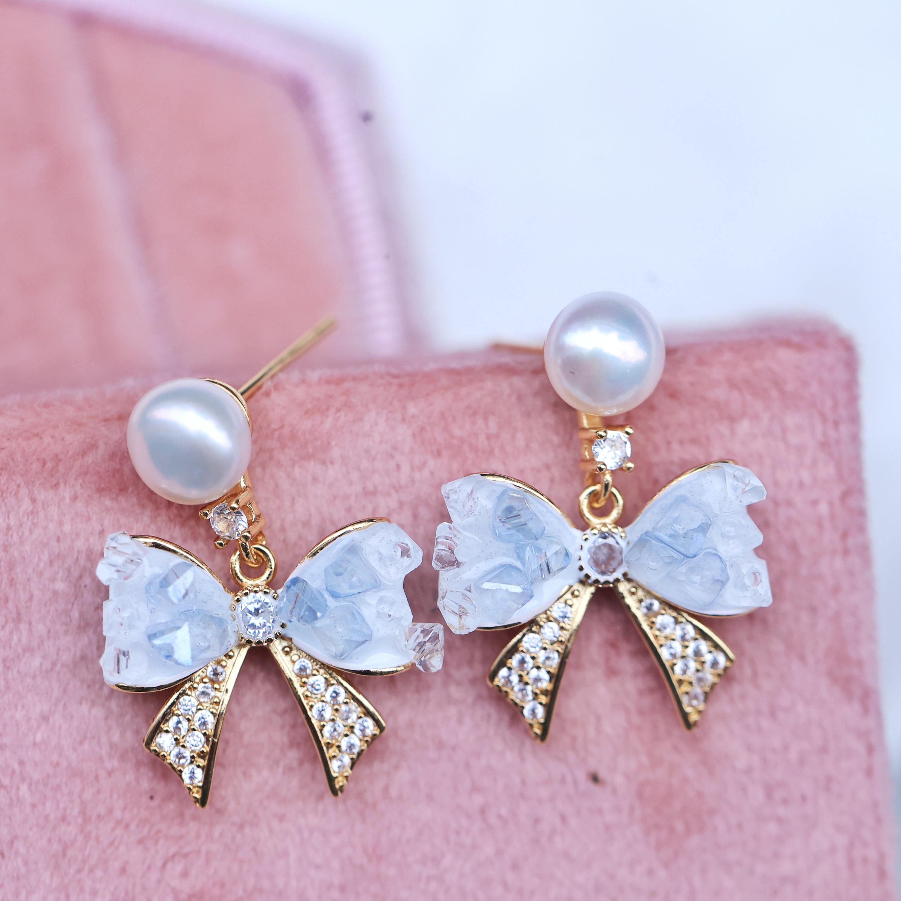 Cute Gold Bow Earrings With Pearl, Kawaii Crystal Ribbon 