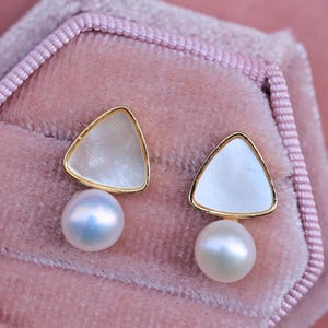 Minimalist Triangle Pearl Earrings, Gold Tone Studs, Freshwater Pearl Earrings, Simple Dainty Jewelry, Handmade Gift for Her, Daily Wear