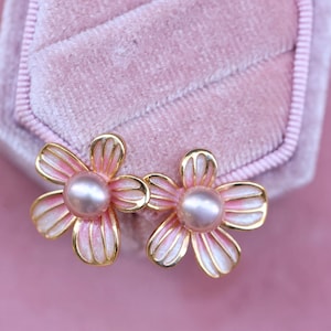 Pink Sakura Pearl Flower Earrings for Spring Weddings, Graduation Parties Summer Travel Looks, Lightweight Floral Studs with 14k Gold