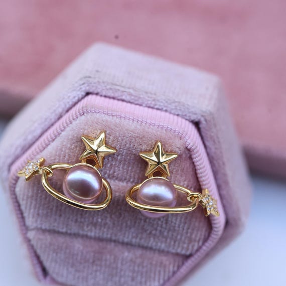 Purple Natural Pearl Earrings with Saturn Design and Star Accents – Elegant Gold Plated Christmas Gift for Her Celestial Jewelry