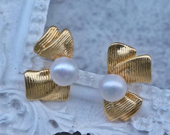 Brincos de pérolas com laço dourado, brincos de pérolas para noivas, joias de casamento vintage para mulheres, presentes de Natal e joias de Natal