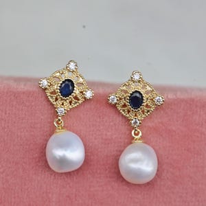 Vintage Sapphire Baroque Pearl Earrings, Gold Filigree Drop Earrings, Antique Pearl Jewelry, Statement Baroque Earrings, Gift-for-Her