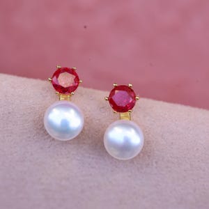 Gold filled ruby pearl earrings, red gemstone stud earrings, vintage bridal jewelry, elegant wedding earrings, July birthstone gift for her