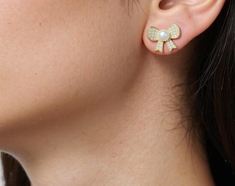 Pendientes de perlas con lazo dorado, pendientes con lazo de diamantes de imitación de cristal, delicados pendientes de perlas vintage, pendientes de novia, regalos de joyería de boda para ella