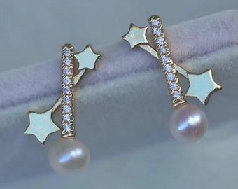 Star Pearl Earrings, Pearl Studs, Freshwater Pearl, Gold Plated with Cubic Zirconia, Dainty Star and Pearl Studs, Elegant Jewelry for Her,
