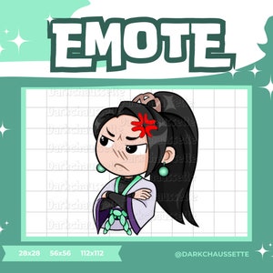 Peut inclure: Une illustration de dessin animé d'une femme aux cheveux noirs, portant une tenue violette et verte, avec un visage rouge en colère. Le texte "EMOTE" est en haut de l'image.