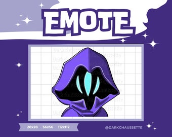 May include: Purple hooded character with glowing blue eyes. The character is in a cartoon style and has a dark purple hood with a white outline. The background is a grid pattern with the text "EMOTE" at the top.