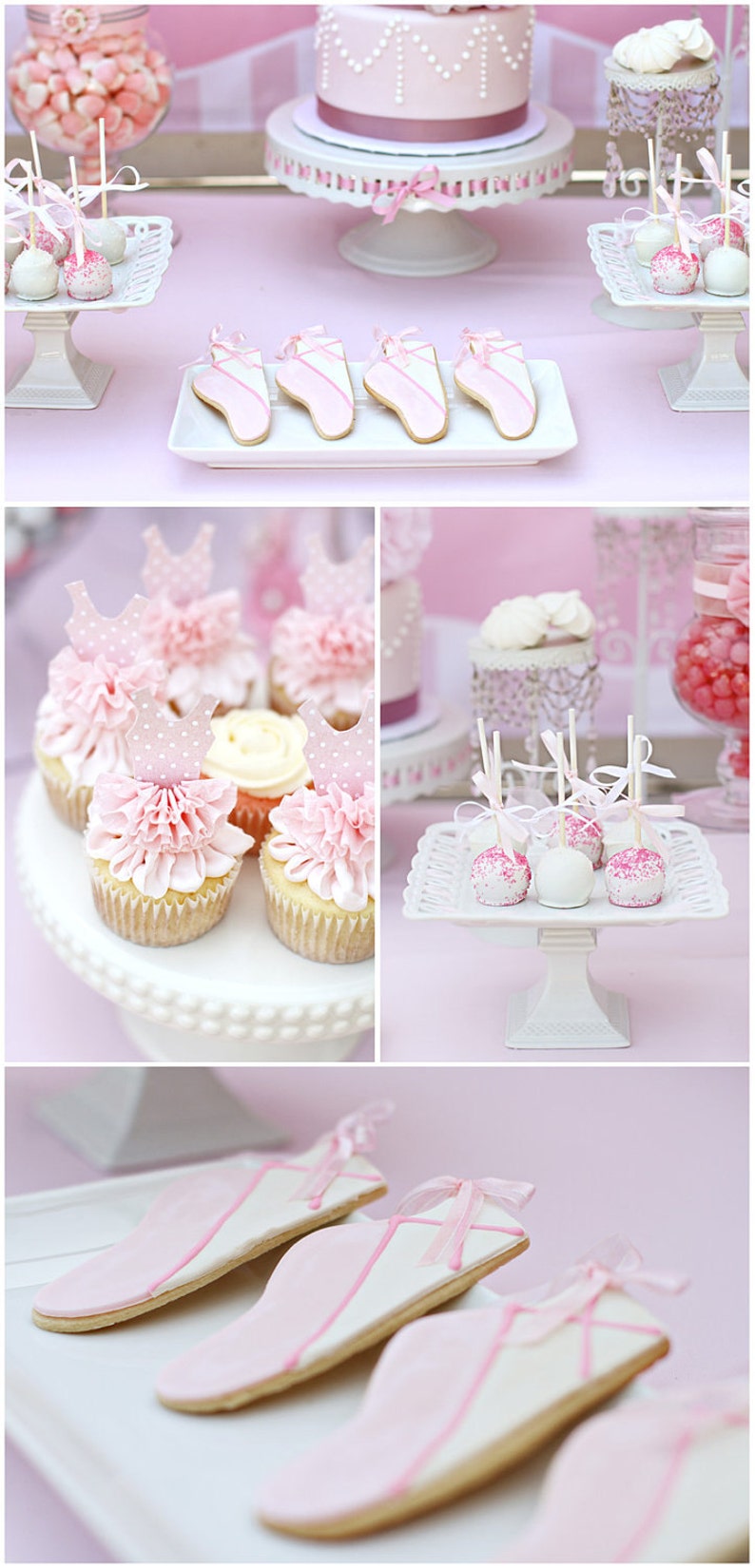 May include: A collection of pink-themed desserts, including a cake, cupcakes, and cake pops. The cupcakes are topped with pink frosting and decorative toppers. Ballet slipper-shaped cookies are also present, all arranged on a pink surface.