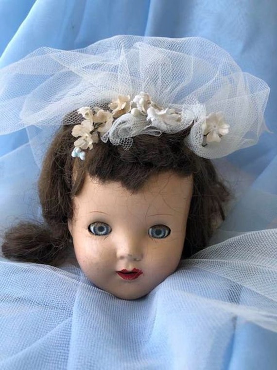 Vintage Bride Doll Head With Veil Composition Doll