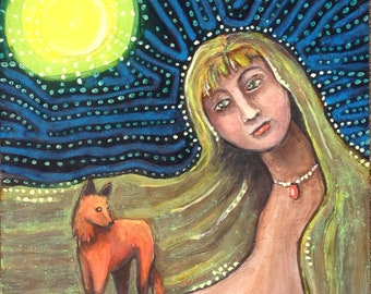 Spirit Moon - Fine Art Print - Acrylic Painting - Moon Goddess - Wolf - Spirit Animal  Art - 11x14