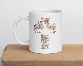 Flower Cross Mug, Watercolor Flowers Cup, Beautiful Botanical Teacup, Nature Inspired Décor, Easter Mug