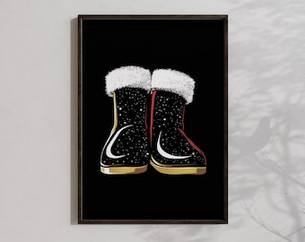Christmas Wall Art, Santa Claus Boots Poster Prints, Holiday Poster Prints, Graphic Art Poster, Digital Art, Gift for Him, Home Wall Decor