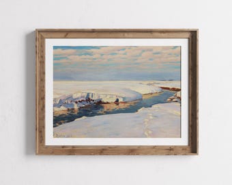 Snowy Landscape Oil Painting, Vintage Winter Wall Art Print, Icy River Country Scenery Landscape, Winter Wilderness Printable, Arctic Snow