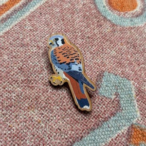 Puede incluir: Un broche de pájaro de madera con un diseño de cernícalo colorido. El broche tiene una base marrón claro con detalles en naranja, azul y blanco. El pájaro está posado en una pequeña rama, sobre un fondo texturizado.