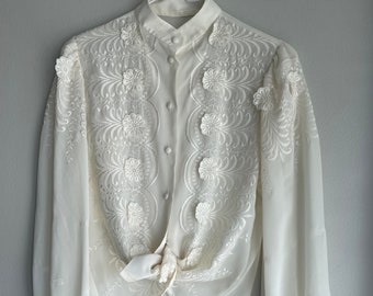 Vintage, appliqué, flower, blouse, off-white, semi sheer long sleeve
