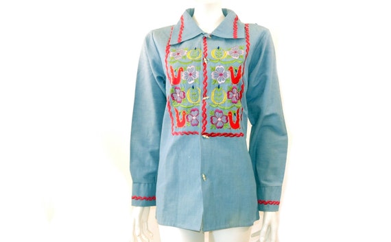 Vintage 60s 70s Embroidered Denim Shirt // Red Flo