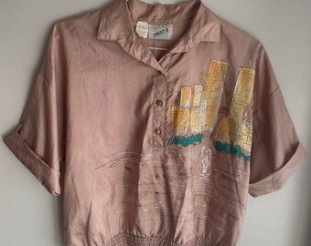 90s New York Twin Towers Shirt Hand Painted Boxy Blouse