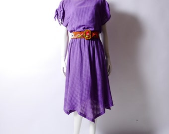 Vintage Gauze Open Weave Handkerchief Dress // Tie Sleeve // Purple Day Dress // Small
