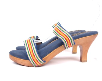 Size 8N 70s Platform Strap Clogs // Elastic Strappy Heeled Slides // Cushioned Footbed //  2 Strap Slides Sandals //