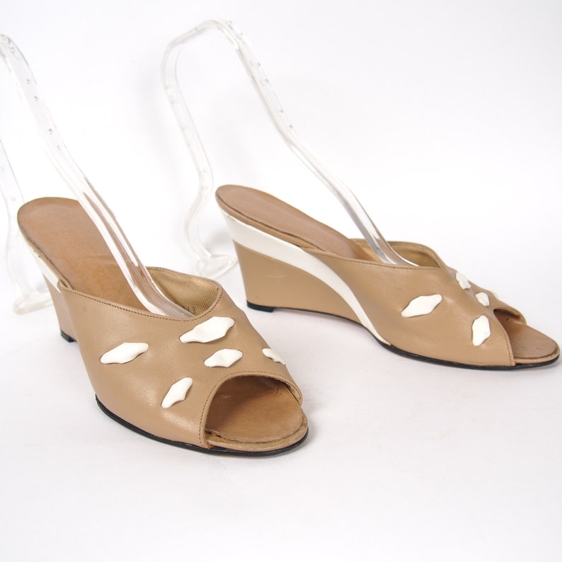 Vintage Wedge Mules // 60s Two Tone Open Toe Wedge Sandals // | Etsy