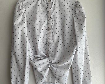 80s Blouse Ruffles Grey Leaves Koret Small