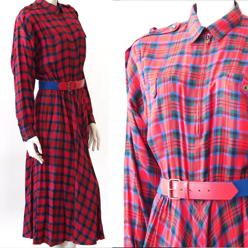 red and blue plaid dress