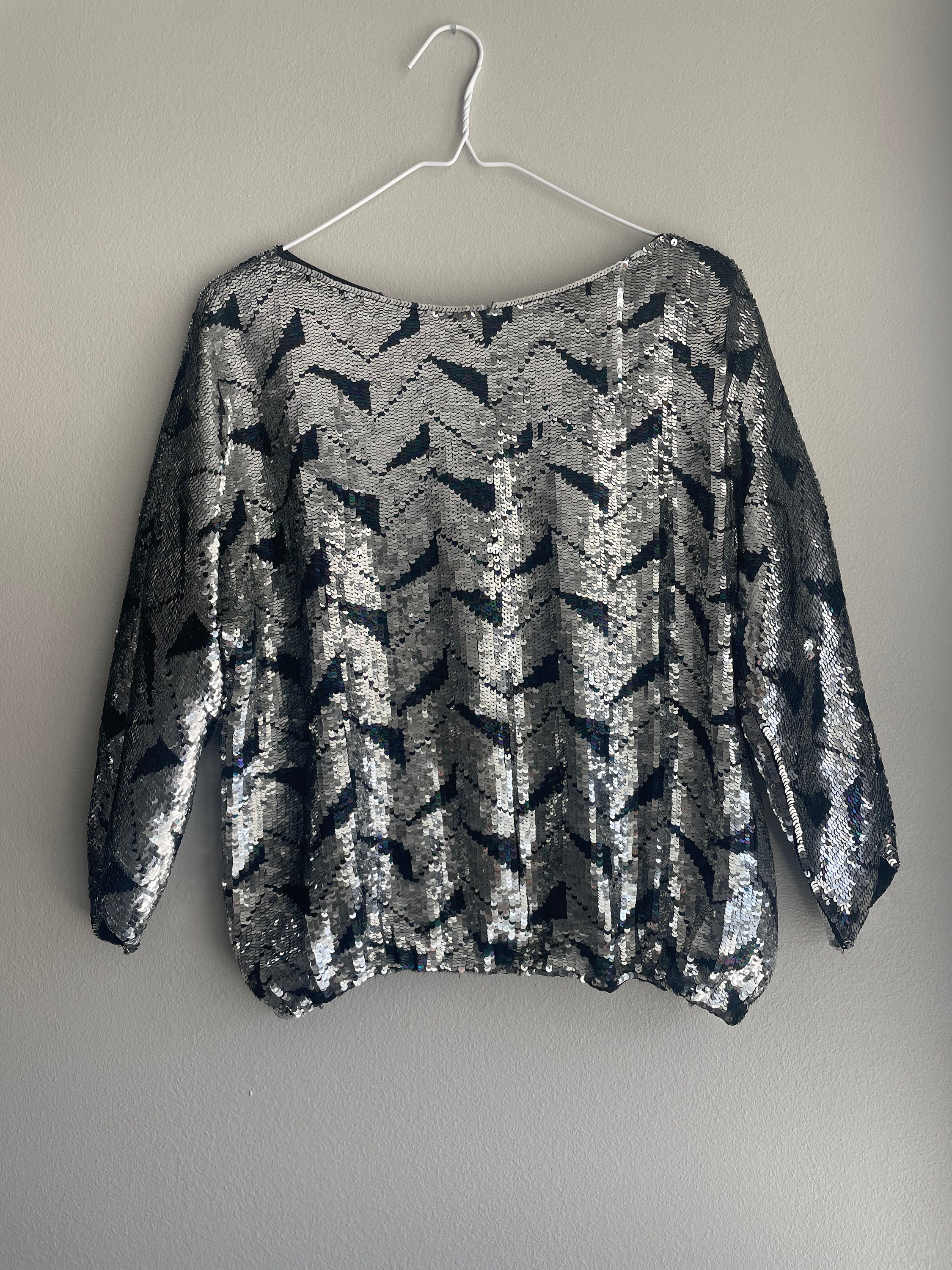 Boxy Sequins Top 3/4 Sleeve Elastic Waist S-L