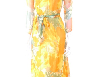 Vintage 50s Artin Dress// Chiffon Floral Maxi Dress // Yellow Orange & Green Retro Flower Dress // Boho Chiffon Dress //