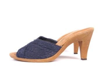 Size 7.5 Jute Slides // Navy Blue Woven Jute Slip On Sandals // Heeled Open Toe Platform Sandals // Cushioned Footbed Naturalizer