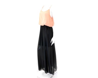 Vintage 70er Jahre Maxi Kleid// Boho Kleid// Schwarzes und Pfirsichfarbenes bodenlanges Kleid// Festival Kleid/