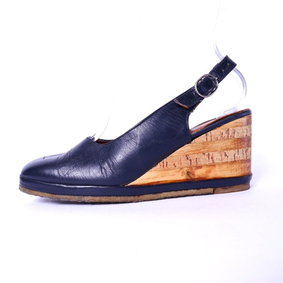 60s Wood Cork Wedge Slingback Shoes // Vintage Pla