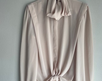 80s Semi Sheer Blouse, Beige Minimal Pussy Bow Button Down, small