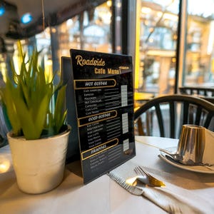 Soporte de menú de cafetería de acrílico personalizado, diseño personalizado con impresión UV, único, moderno y duradero, perfecto para restaurantes y cafeterías