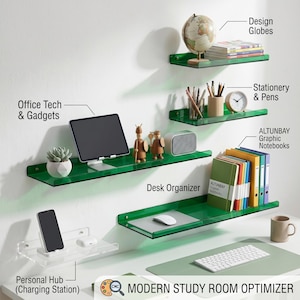 Könnte beinhalten: Moderne Studierzimmereinrichtung mit grünen Regalen mit Bürobedarf und technischen Geräten. Enthält ein Tablet, Notizbücher, einen Globus, Schreibwaren und eine Ladestation. Der Text "MODERN STUDY ROOM OPTIMIZER" ist sichtbar.